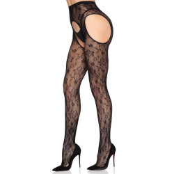 LEG AVENUE - 1967 MEDIAS DE LIGUERO CON RED DE FLORES NEGRO - TALLA ÚNICA
