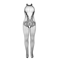SUBBLIME - 951801 BODYSTOCKING CROTCHLESS DE REJILLA Y ENCAJE CON CUELLO ALTO NEGRO TALLA ÚNICA