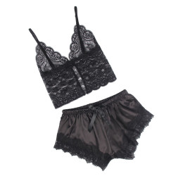 SUBBLIME - 953935 CASUAL SILK NIGHTGOWN LACE PANTS BLACK S-M