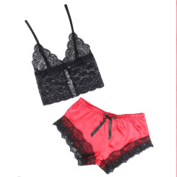 SUBBLIME - 953959 PIJAMA SEXY SATEN Y ENCAJE NEGRO-ROJO S-M