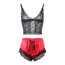 SUBBLIME - 953959 CASUAL SILK NIGHTGOWN LACE PANTS BLACK-RED S-M