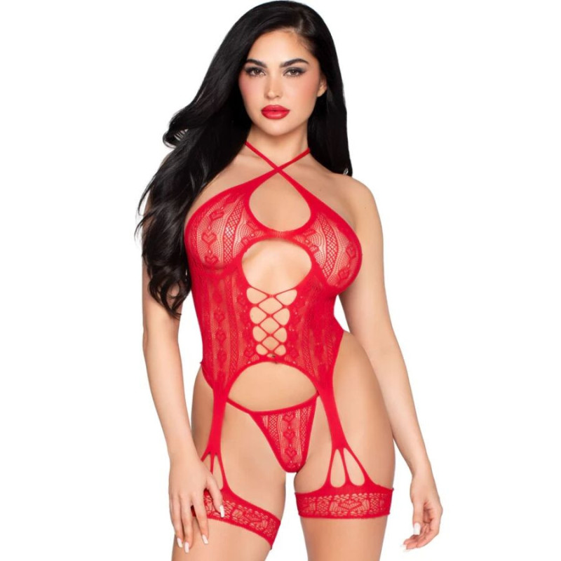 LEG AVENUE - 89338 LACE OPEN BODYSUIT WITH GARTER BELT THONG RED - ONE SIZE