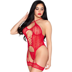 LEG AVENUE - 89338 LACE OPEN BODYSUIT WITH GARTER BELT THONG RED - ONE SIZE