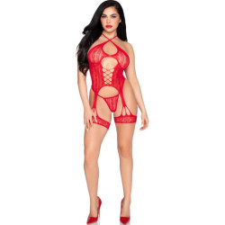 LEG AVENUE - 89338 LACE OPEN BODYSUIT WITH GARTER BELT THONG RED - ONE SIZE