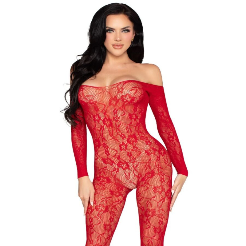 LEG AVENUE - 89366 BODYSTOCKING DE LENCERÍA DE ENCAJE ROJO - TALLA ÚNICA