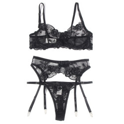 SUBBLIME - SET OF 3 PIECES BRA THONG GARTER FLORAL PRINT BLACK S-M