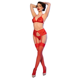 CHILIROSE - CR 4848 RED LACE BRA THONG STOCKINGS SET S
