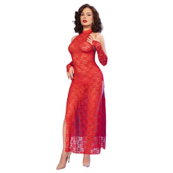 CHILIROSE - CR 4853 VESTIDO ROJO DE ENCAJE CON GUANTES S-M