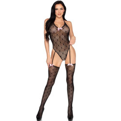 LEG AVENUE - 89360 OPEN BACK BODYSUIT WITH GARTER BELT BLACK- ONE SIZE