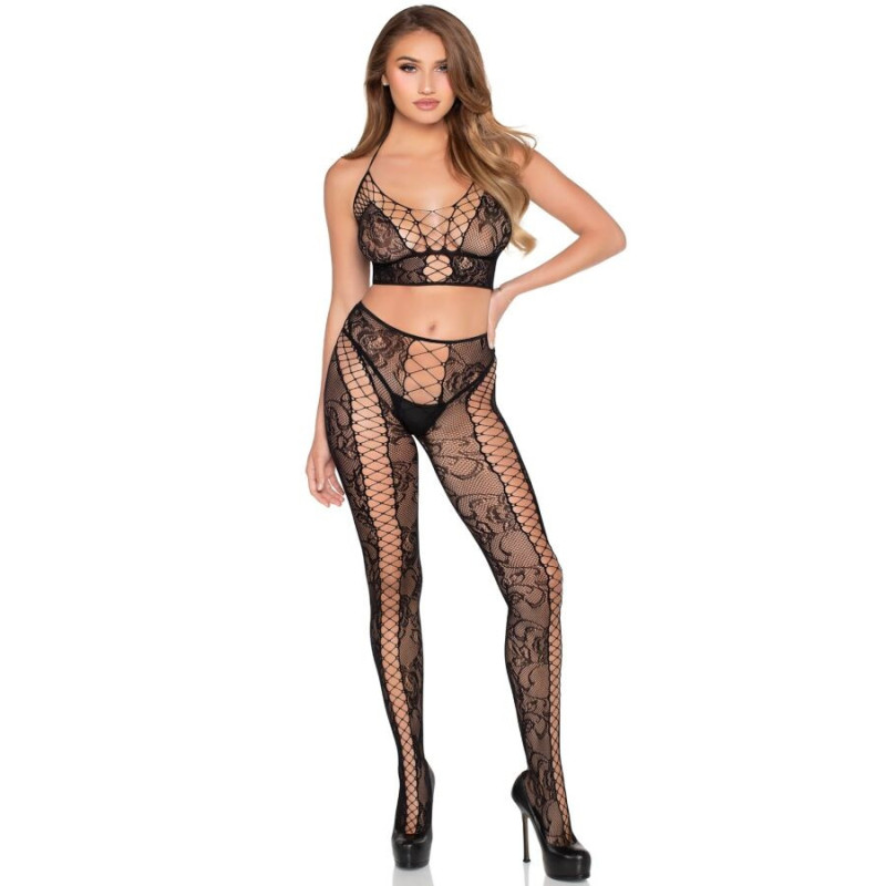LEG AVENUE - 89368 CROP TOP DE RED Y ENCAJE CON MEDIAS NEGRO - TALLA ÚNICA