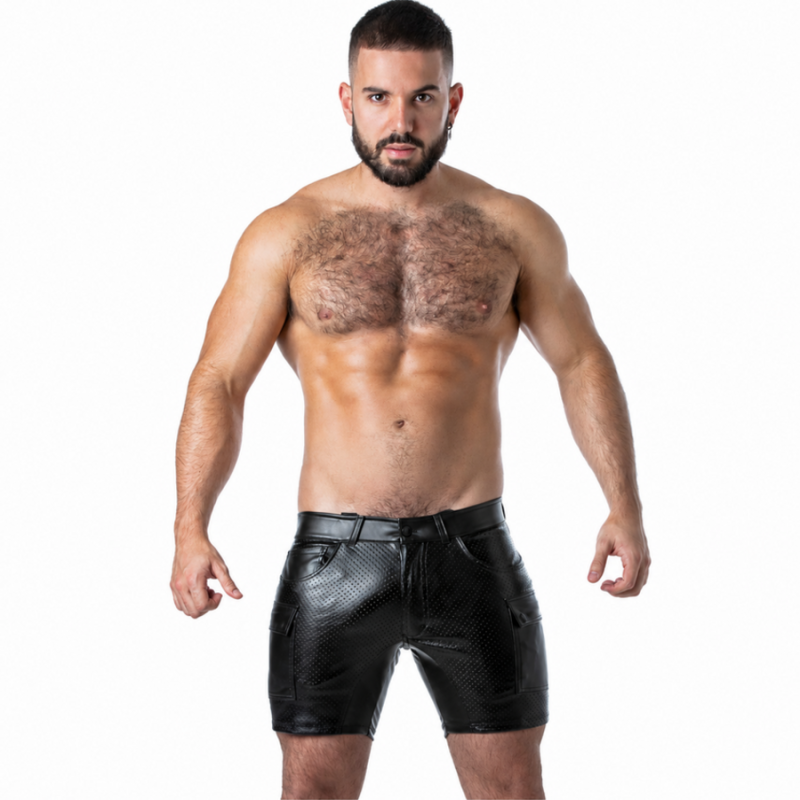 LOCKER GEAR - PUNCH HOLE LEATHERETTE CARGO SHORTS BLACK S